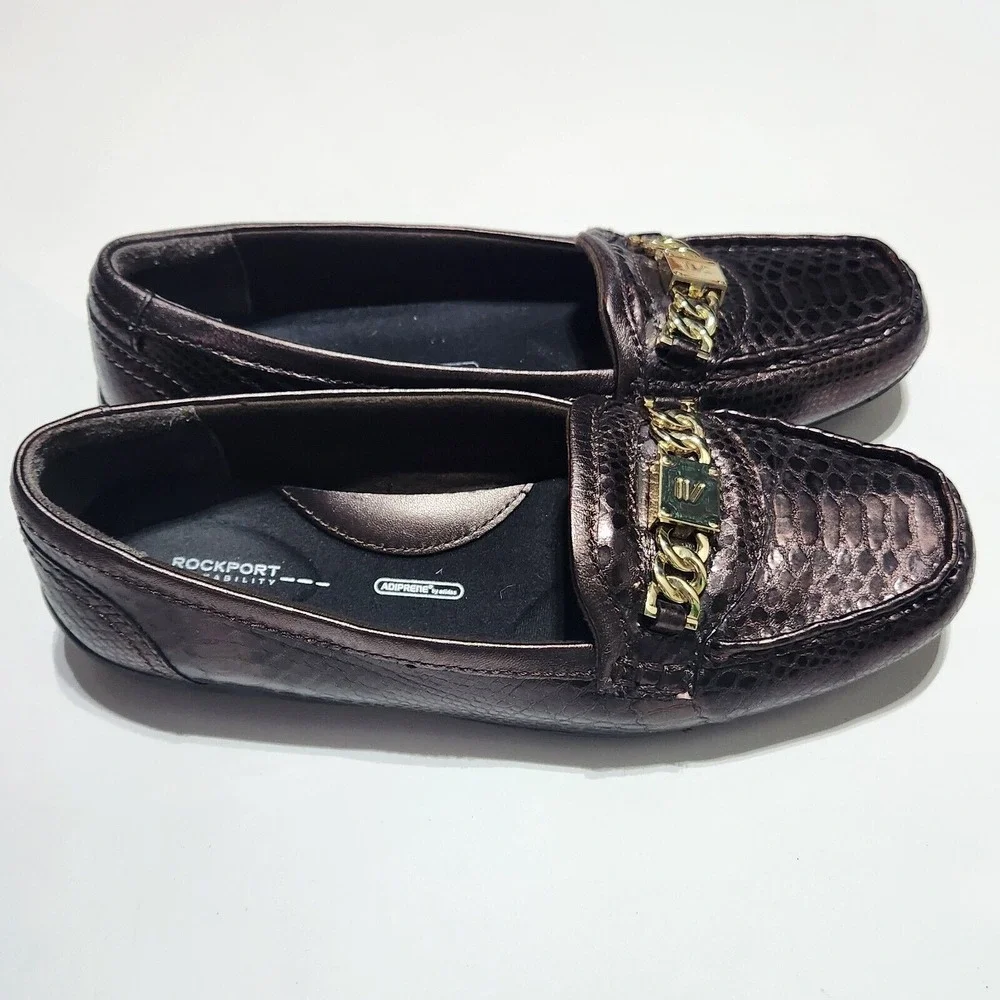 Rockport Walkability Loafers Women 7 Bronze Metallic Snakeskin Gold Chain A12588